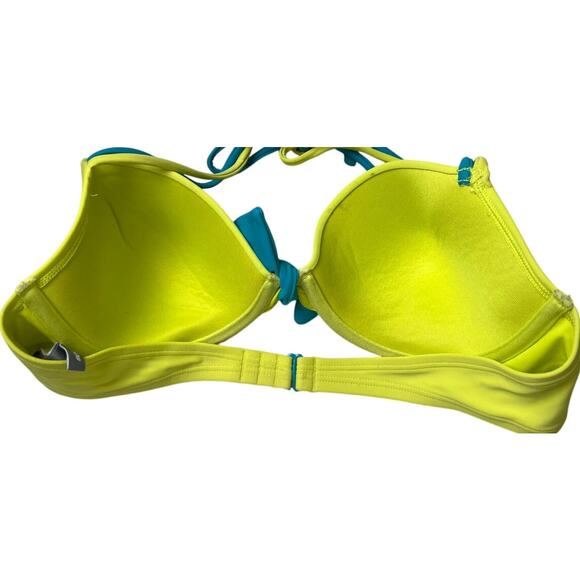 Aerie 34C Neon Yellow Swimwear Bikini Top Blue Bowtie Adjustable Halter Top - Picture 2 of 5